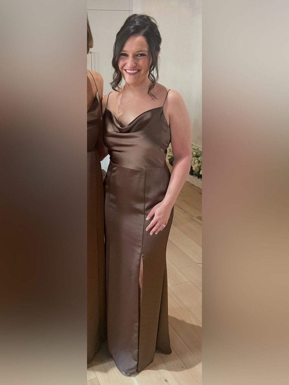 Amsale “Ronnie” Satin Cowl Neck Brown Evening Dress
